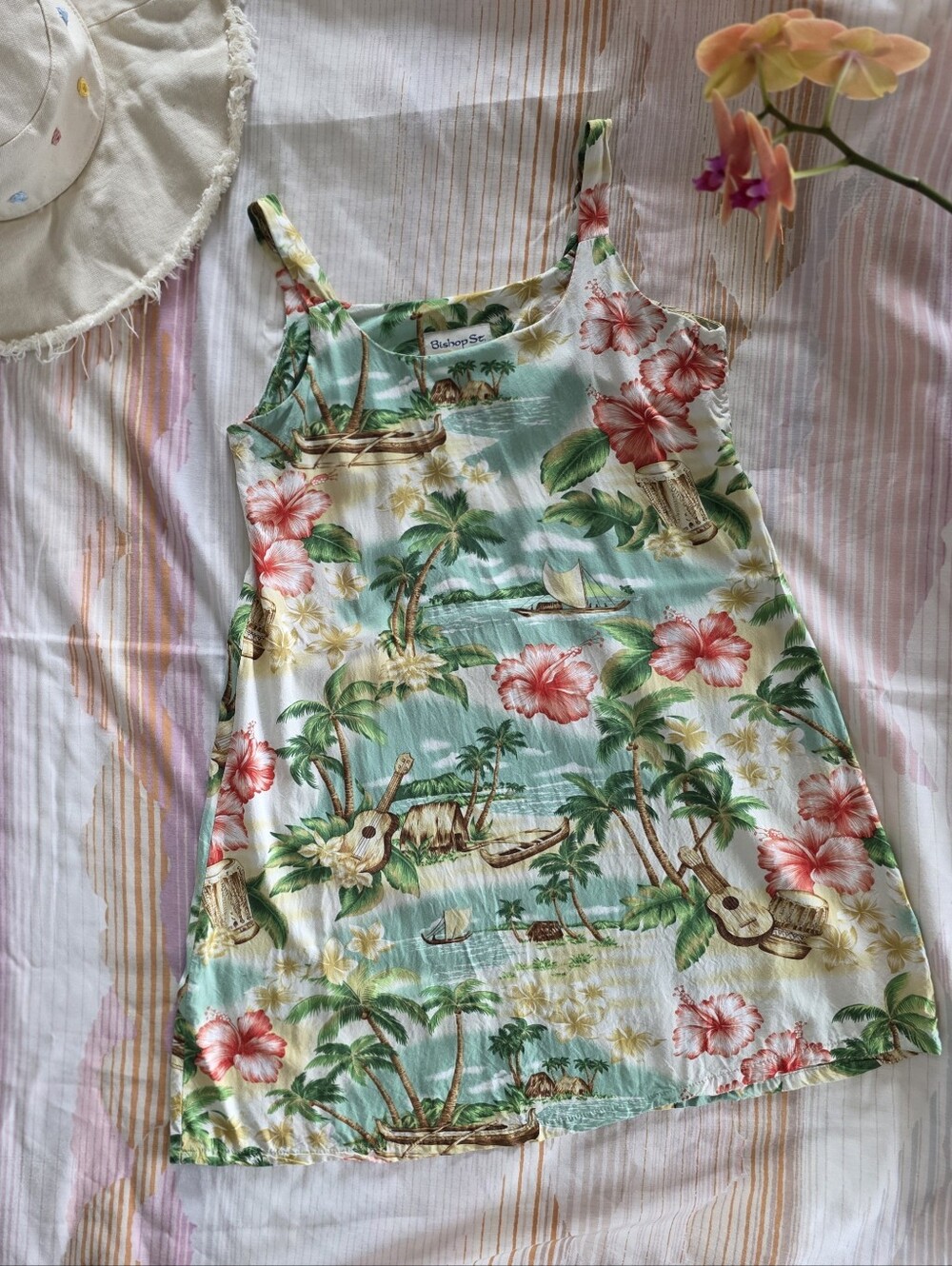 VTG Bishop St Made In Hawaii Sundress Pastel Green Hawaiian Print Dress